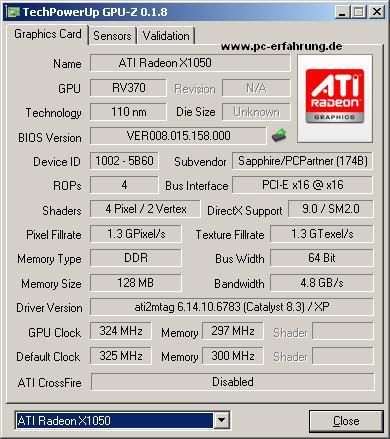 Technische Werte der Radeon X1050 - Ausgelesen mit GPU-Z