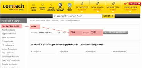 Schnelle Grafikkarte erhöhen den Preis enorm. So beginnen Gaming Notebooks bei Comtech bei einem Preis von 699 Euro.